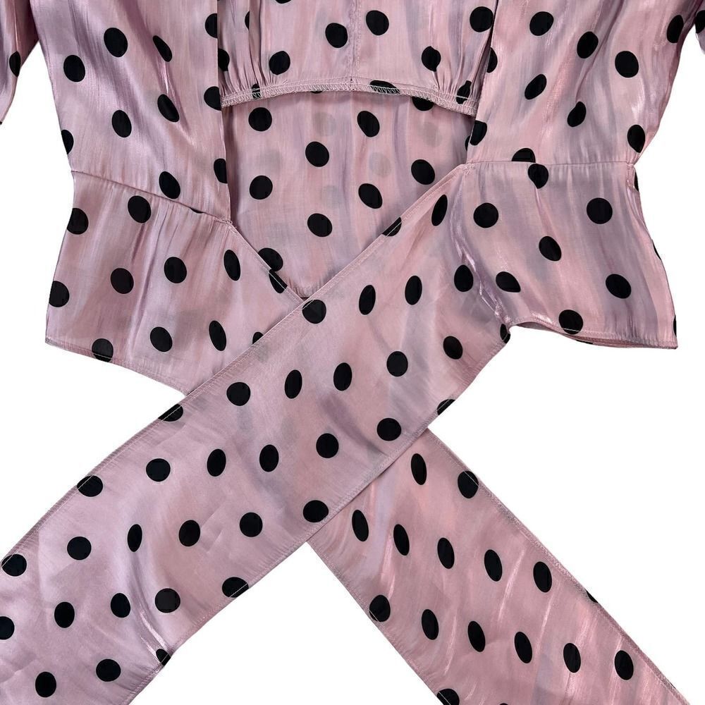 Pre-Loved Deco Lux Open Back Blouse Long Sleeve Crop Top Purple Black Dots US S - Picture 6 of 14